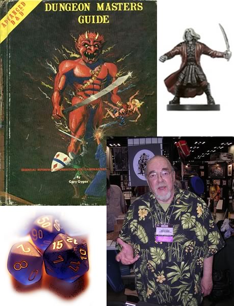 Gary Gygax, the first edition of the “Dungeon Master’s Guide”, D&D dice, D&D figure