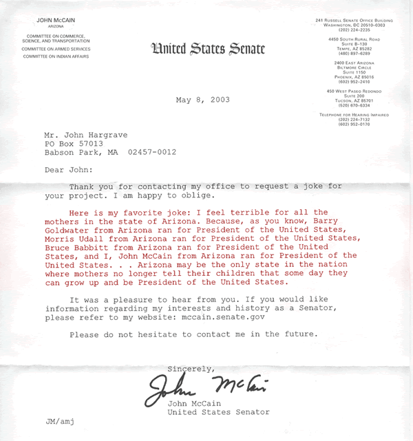 Letter from John McCain with the funniest joke he knows.