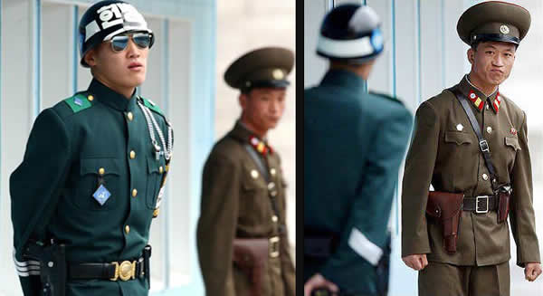 Annoyed North Korean soldier glaring at cool-looking South Korean soldier.