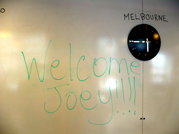 “Welcome Joey” written on a whiteboard