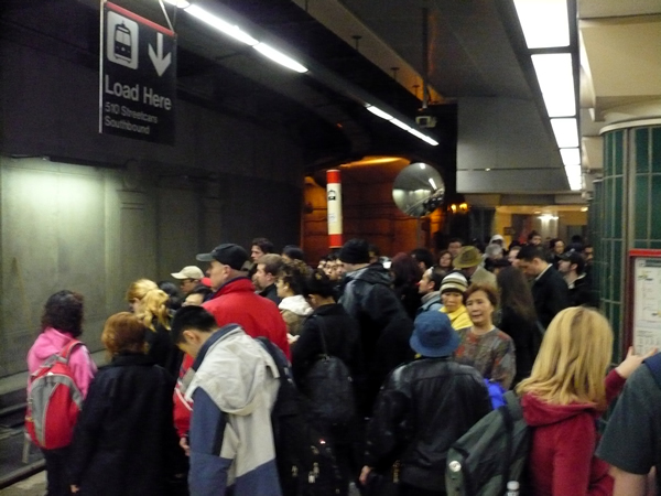 Long line to the front entrance of the Spadina streetcar at Spadina station