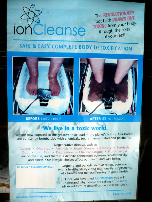 Poster for “Ioncleanse” treatment that purports to remove toxins from the body through your feet.
