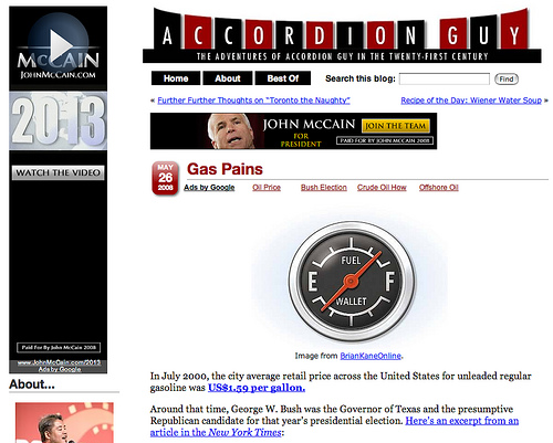 Screen capture of \"Gas Pains\" article with John McCain ads