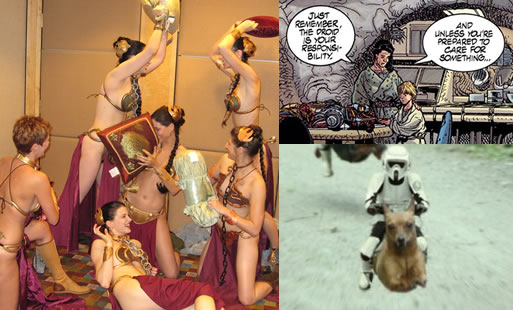 Small versions of the “Slave Leia Pillow Fight”, “Darth Emo” and “Speeder Dogs” from Global Nerdy