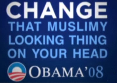 The Daily Show\'s treatment of an Obama poster: \"Change that muslimy-looking thing on your head\"