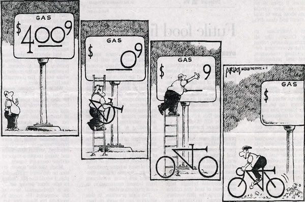 Newspaper editorial comic showing a man taking the \"$4.009\" from a gas sign and turning it into a bike.