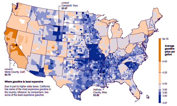 \"Varying Impact of Gas Prices\" -- a colour-coded map of the US showing what gas prices are across the country