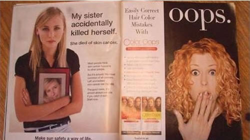 Two ads on facing pages of a magazine -- the first's headline is "My sister accidentally killed herself", and the second's is "Oops."
