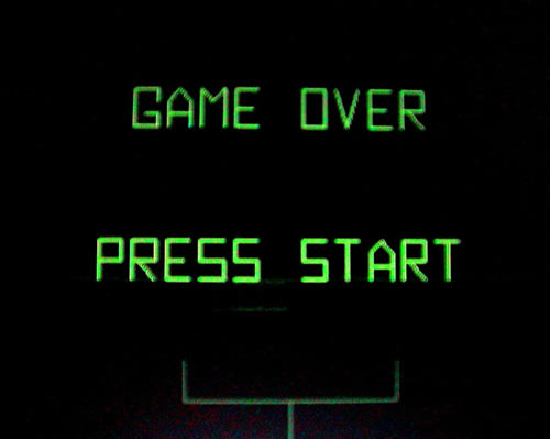 Screen from the arcade game "Battlezone": "Game Over. Press Start."