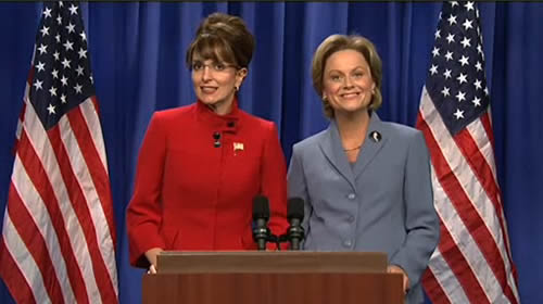 Tina Fey as Sarah Palin and Amy Poelher as Hillary Clinton on "Saturday Night Live"