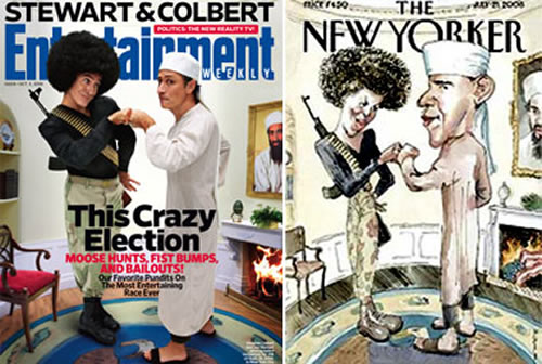 "Entertainment Weekly" cover featuring Stephen Colbert and Jon Stewart recreating the "New Yorker" Obama cover