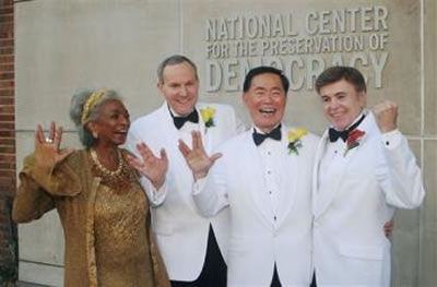 Nichelle Nichols, Brad Altman, George Takei and Walter Koenig at the Takei-Altman wedding