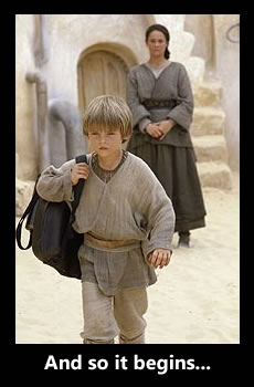 Anakin Skywalker leaves home as his mother, Shmi Skywalker, watches.