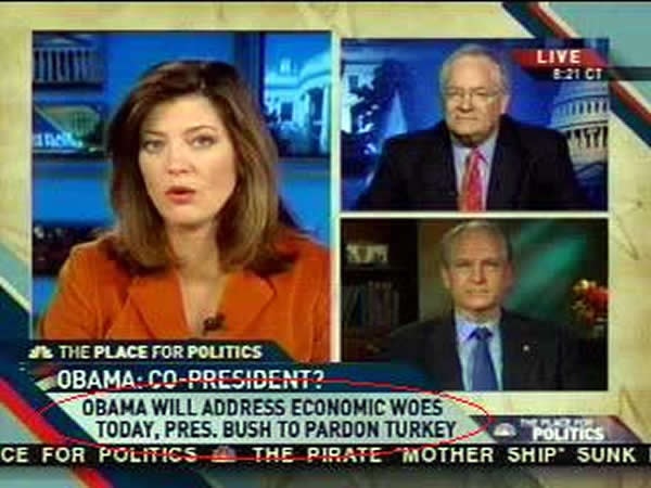 Screenshot of MSNBC: "Obama will address economic woes today, Bush to pardon turkey"