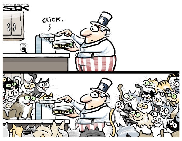 Editorial comic: Cats gather around Uncle Sam as he uses an electrical can opener to open a can labelled "Bailout $"