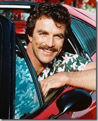 Tom Selleck as "Magnum, P.I." in Robin Masters' Ferrari, in an aloha shirt