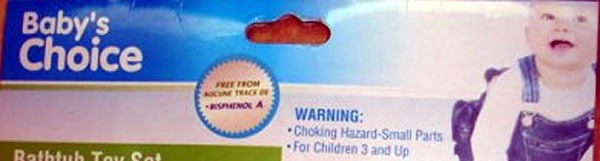 Packaging for "Baby's Choice" bathtub toys: "Free from Bisphenol A" and "Warning: choking hazard - small parts / For children 3 and up"