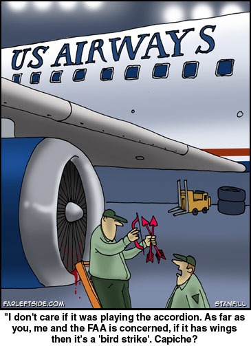 Air crew pulling a bow and arrow out of a blood-stained US Airways jet engine: "I don't care if it was playing the accordion. As far as you me and the FAA is concerned, if it has wings then it's a 'bird strike'. Capiche?"