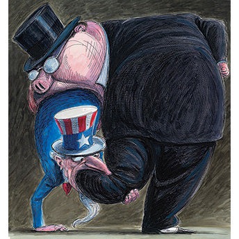 Pig in suit and top hat devouring Uncle Sam whole as he tries to devour its leg