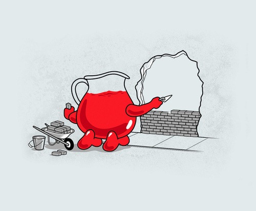 Kool-Aid Man laying bricks in a hole in a wall