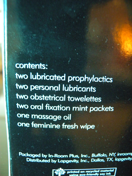 "Contents: two lubricated prophylactics, two personal lubricants, two obstectrical towelettes, two oral fixation mint packers, one massage oil, one feminine fresh wipe"