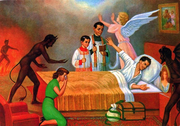 Painting: "A Sinner's Struggle" - a man lies in bed while a priest an altar boy try to save him, his wife prays for him and demons and angels fight for his soul.