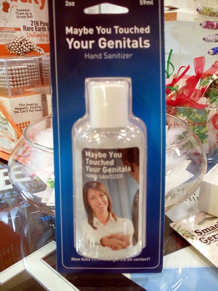 Bottle of "Maybe You Touched Your Genitals" hand sanitizer