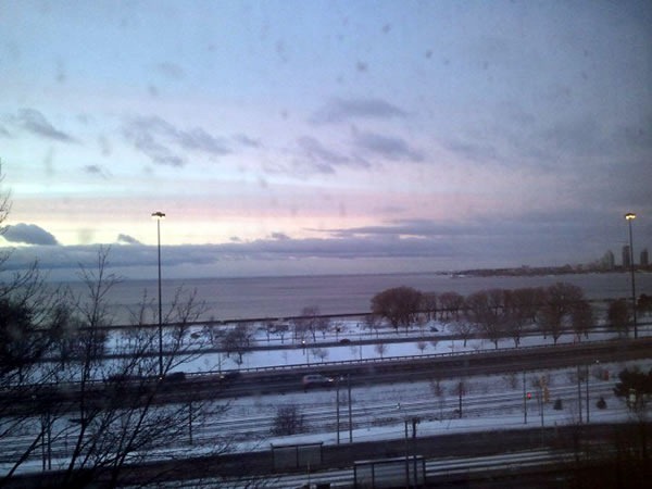 Sunset view of Queensway, Gardiner Expressway and Lake Shore Blvd. from St. Joseph's Health Centre