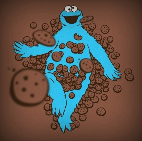 Cookie Monster, lying down while showered in cookies, in the style of the 'rose petal' fream scene in 'American Beauty'.