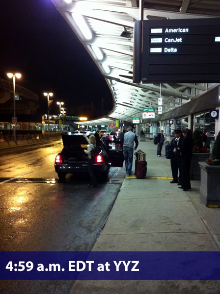 "4:59 a.m. EDT at YYZ": The passenger drop-off at Pearson airport, early this morning