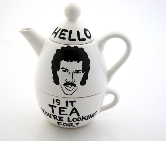 Teapot with Lionel Richie's face marked "Hello, is it TEA you're looking for?"