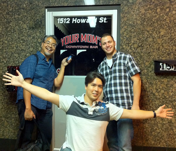 Joey deVilla, Kevin Hale and Jonathan Kay at the door of Your Mom's Downtown Bar in Omaha.