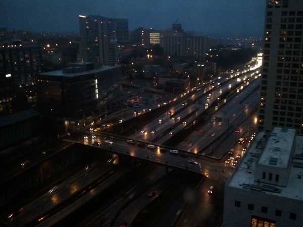 View of the highway from Seattle Crowne Plaza hotel at night