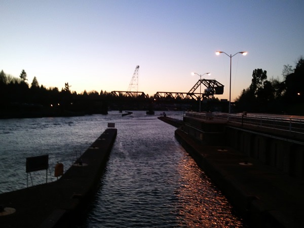Puget Sound locks after sunset, with some light still in the sky