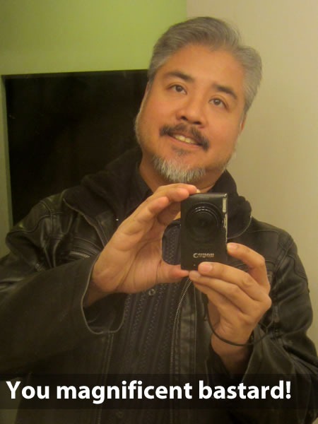 Joey deVilla, with moustache, taking a self portrait in a mirror