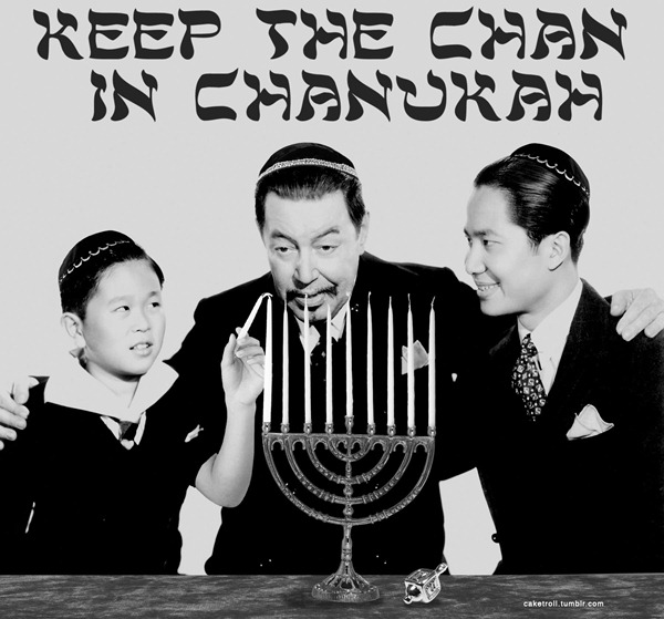 "Keep the Chan in Chanukah": Charlie Chan and sons in kippot, lighting a menorah