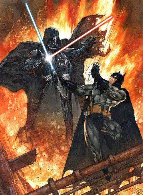 Darth Vader having a lightsaber duel with Batman