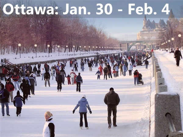 Ottawa: Jan 30 - Feb 4 -- Photo of people skating on the frozen Rideau Canal with the Parliament building in the background