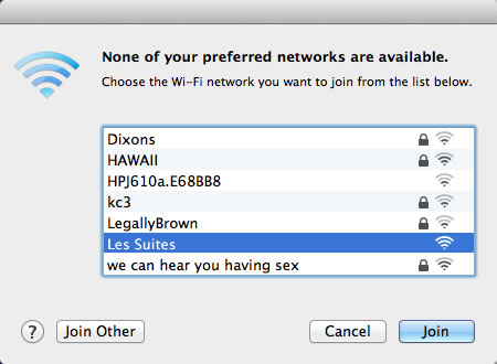 'Join wifi network' dialog box featuring a wireless network named 'We can hear you having sex'