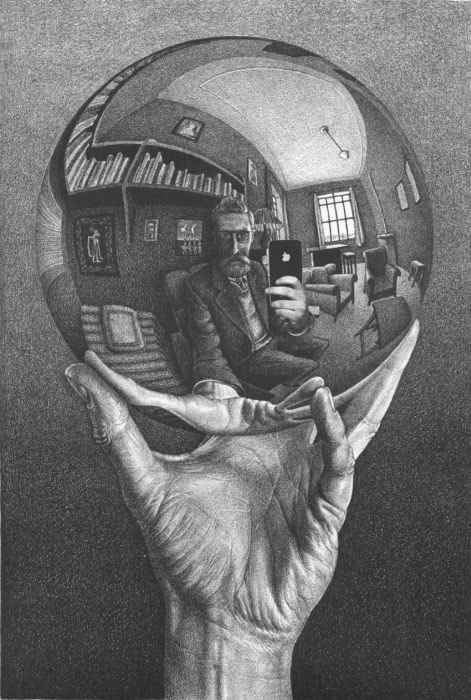 M.C. Escher's "Hand with Reflecting Sphere" piece, done as an iPhone self-portrait