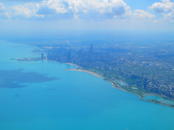 Downtown Chicago and Lake Michigan seen from the air