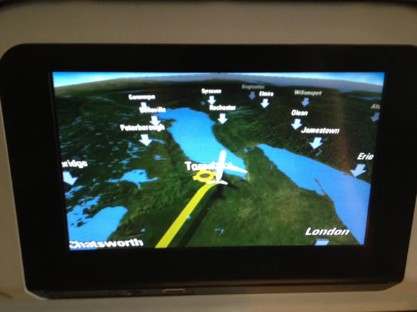 Cathay Pacific entertainment system map showing plane approaching Toronto