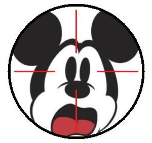 A frightened Mickey Mouse, as seen through a gunsight