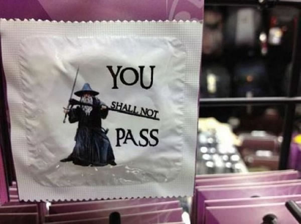 Condom packages featuring a picture of Gandalf and the line 'You shall not pass'