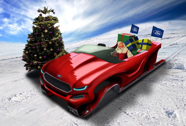 Illustration: Santa driving a Ford sled