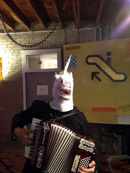 accordion and horse mask head on