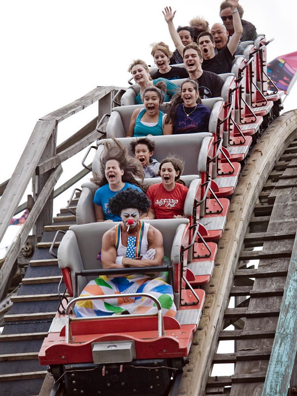 grumpy clown on roller coaster
