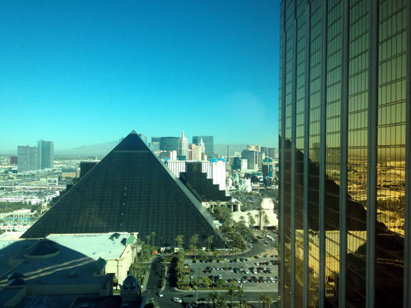 Daytime Las Vegas skyline view of the Luxor Hotel and the Strip.