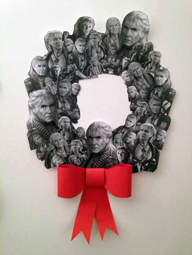 The Wreath of Khan: A wreath made of black-and-white photos of Ricardo Montalban playing 'Khan', with a big red ribbon at the bottom.