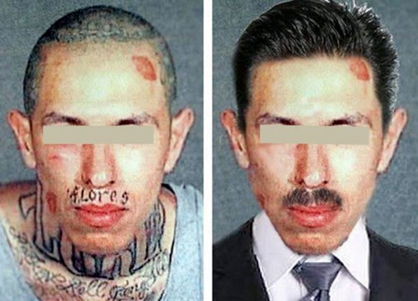 Side-by-side comparison of two mug shots, one with the subject in hoodlum clothing and tattoos showing, the other with the same person in a suit.